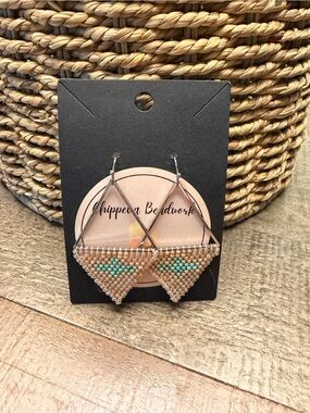 Handmade Beaded Thunderbird Earrings in Beige and Turquoise -